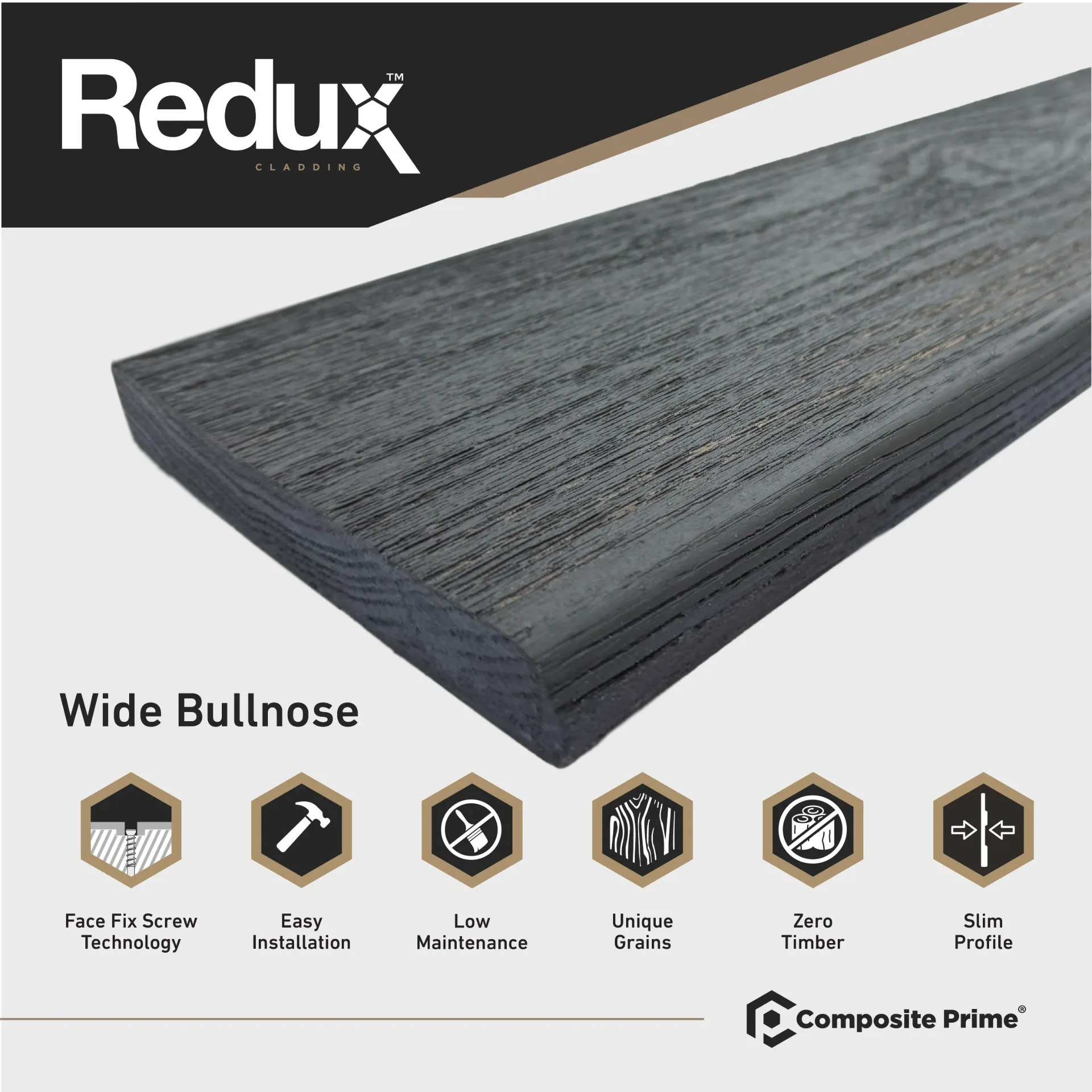 REDUX Cladding Bullnose/Reveal Board 22mm x 150mm x 3600mm - Shadow